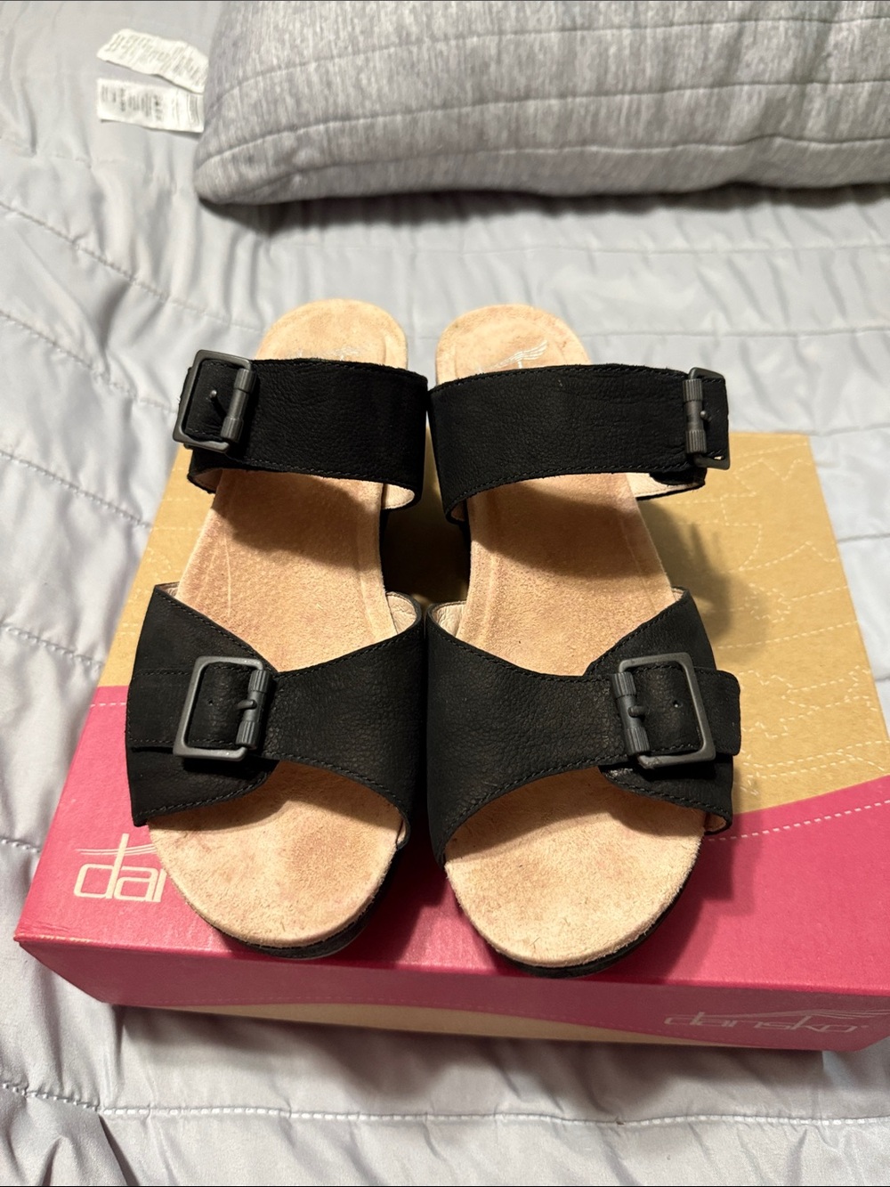 Dansko Selma Nubuck Black Two-Band Adjustable Buckle Slide Sandals